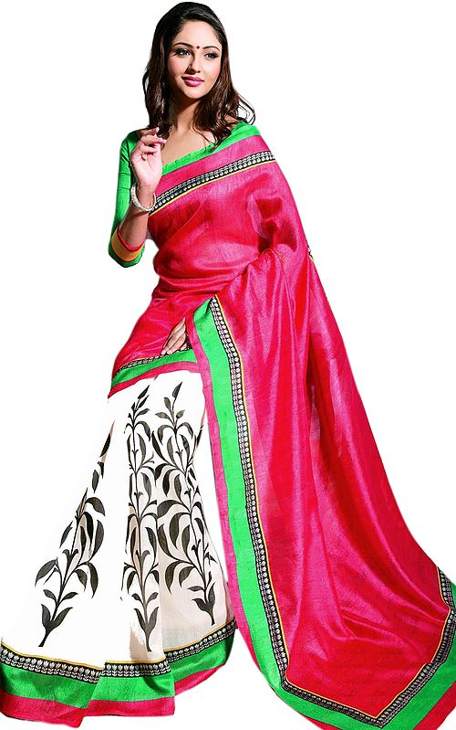 Tri-Color Sari with Printed Leaves and Solid Aanchal