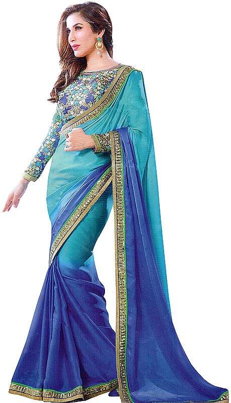 Blue-Atoll and Bright-Blue Shaded Sari with Sequined Patch Border and Embroidered Blouse