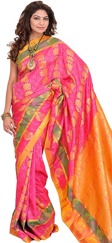 Honeysuckle-Pink Sari from Bangalore with Self Weave and Woven Paisleys on Pallu