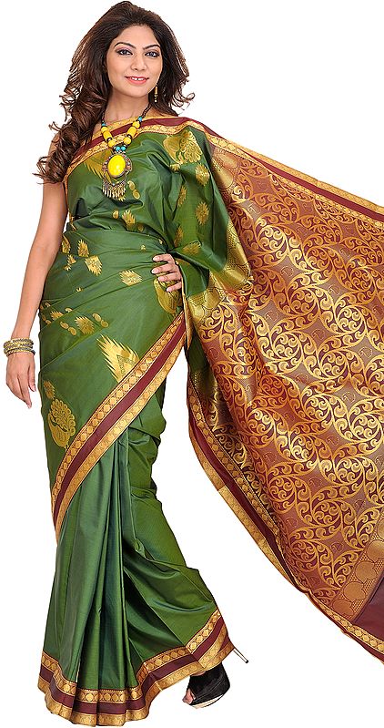 Vineyard-Green Sari from Bangalore with Woven Peacocks and Brocaded Pallu