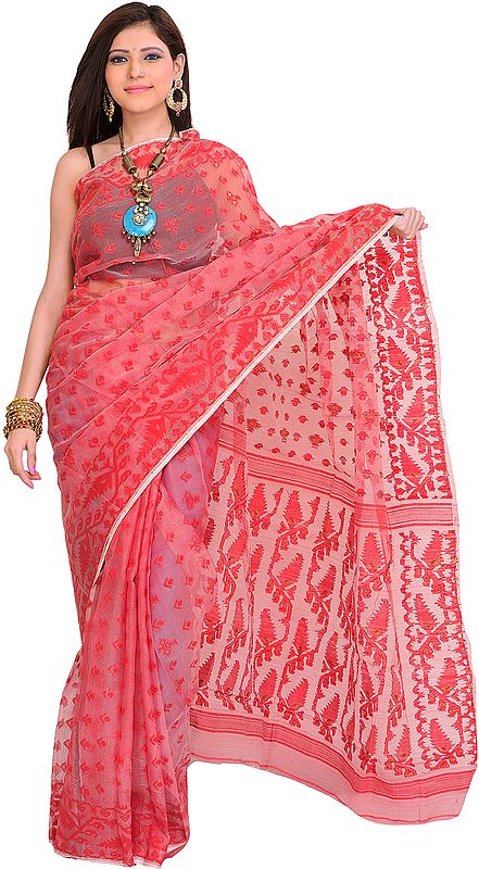 Rococco-Red Jamdani Sari from Bengal with Woven Bootis
