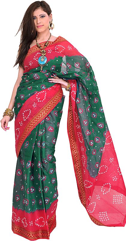 Double-Shaded Bandhani Tie-Dye Sari from Rajasthan with Woven Border