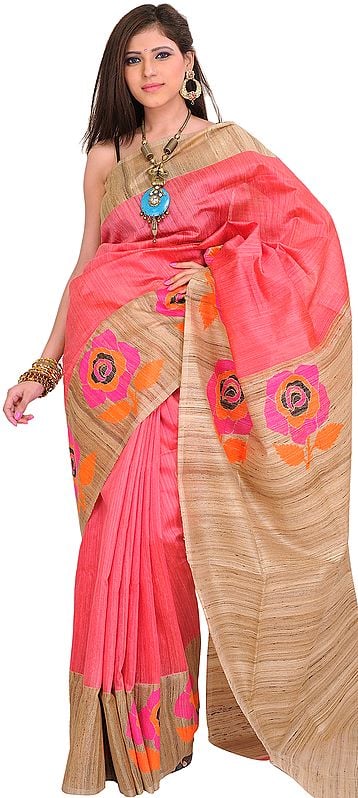 Sunkist-Coral and Beige Sari from Banaras with Hand-woven Roses on Border