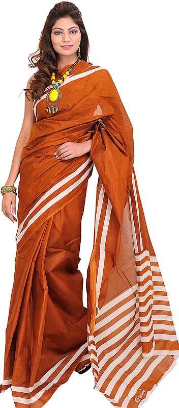Plain South Cotton Sari from Hyderabad with Woven Stripes