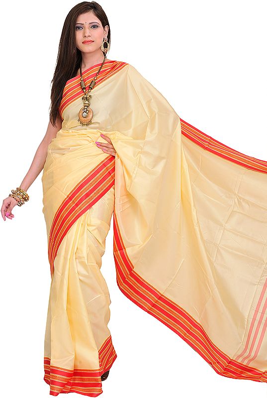 Vanilla Plain Puja Sari from Banaras with Thread Weave on Border