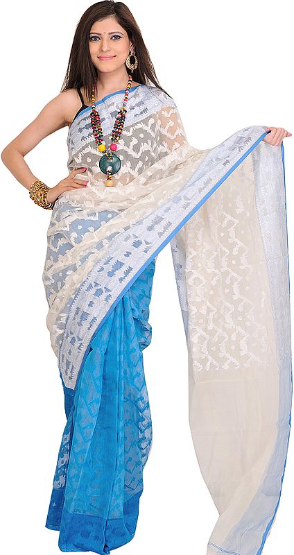 White and Blue Double-Shaded Jamdani Sari from Bengal