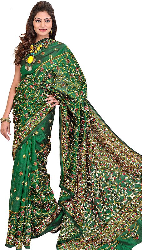 Foliage-Green Sari from Kolkata with Kantha Hand-Embroidery All-Over