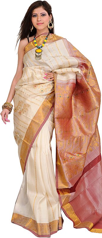 Ivory Kanjivaram Sari with Woven Flowers and Golden Thread Weave