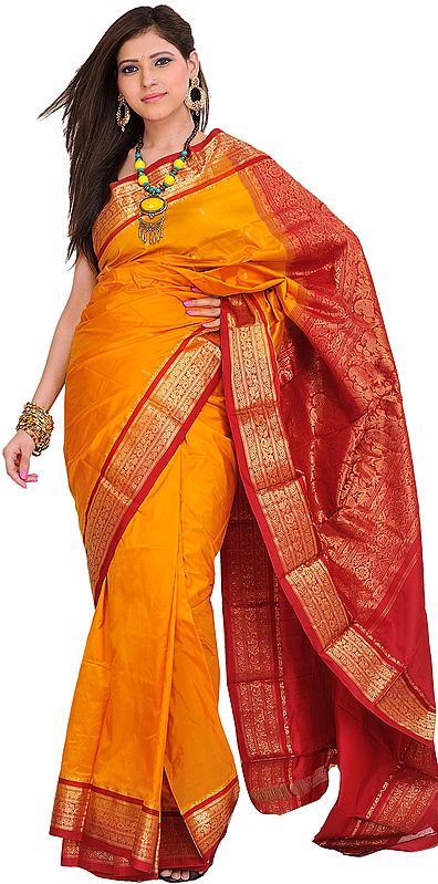 Golden-Glow Handloom Sari from Bangalore with Woven Paisleys on Aanchal