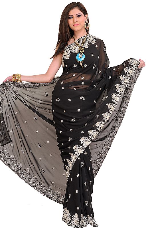 Jet-Black Wedding Sari with Embroidered Beads and Stone-Work