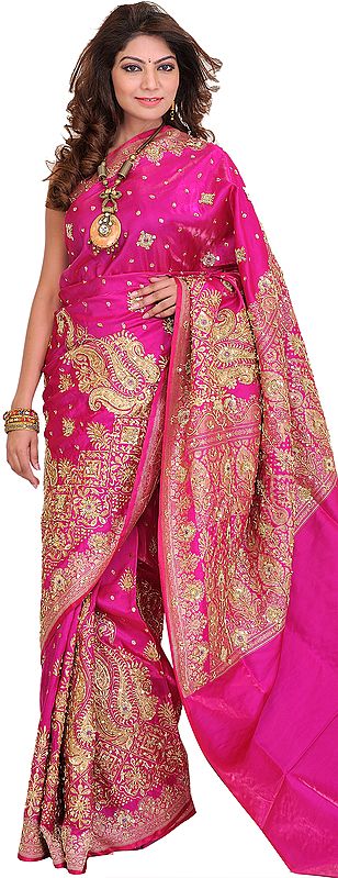 Rose-Violet Bridal Satin Sari from Banaras with Hand-Embroidered Beads and Sequins