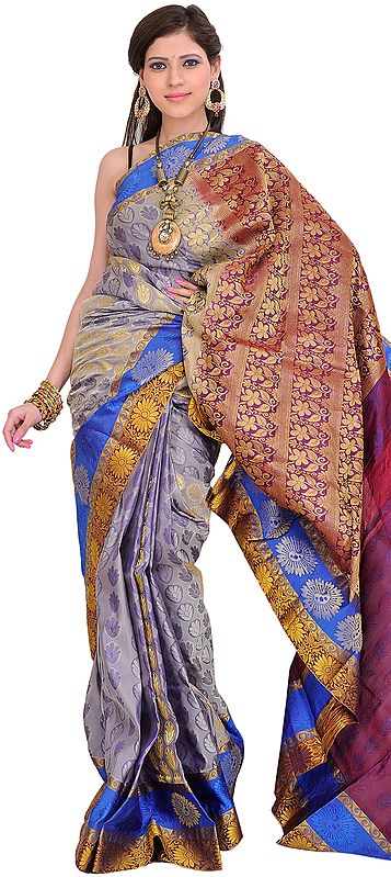 Minimal-Gray Sari from Bangalore with Woven Flowers All-Over