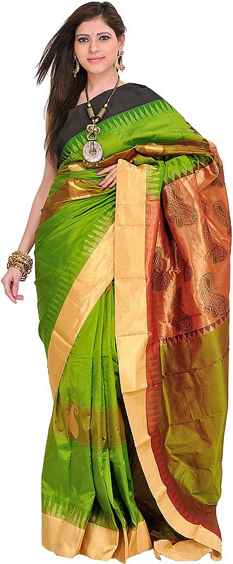 Peridot-Green Sari from Bangalore with Woven Paisleys and Temple Border