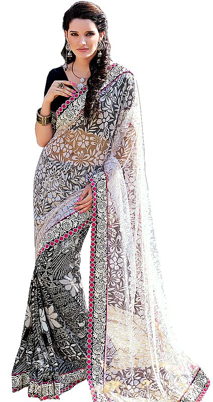 White and Black Wedding Sari with Self Weave and Embroidered Patch Border