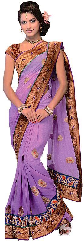 Viola-Purple Wedding Sari with Embroidered Paisleys and Brocaded Patch Border
