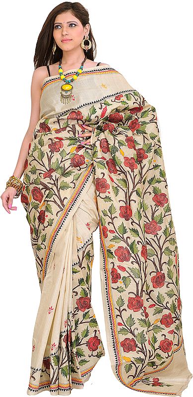 Cloud-Cream Sari from Kolkata with Kantha Embroidered Roses by Hand