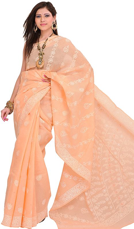 Tropical-Peach Sari from Lucknow with Chikan Embroidered Flowers by Hand