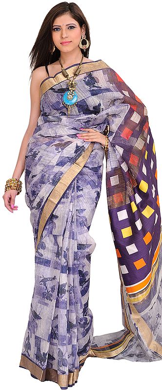 White and Purple Sari from Purvanchal with Digital Printed Sparrows and Golden Woven Border