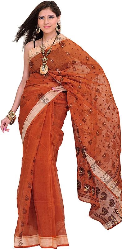 Amber-Brown Tangail Saree from Bengal with Woven Paisleys