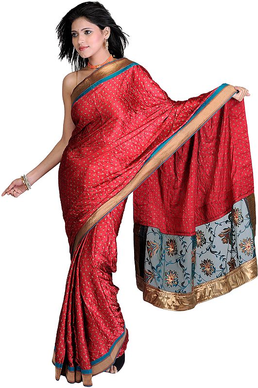 Cardinal-Red Bandhani-Print Sari with Embroidered Net Aanchal and Patch Border