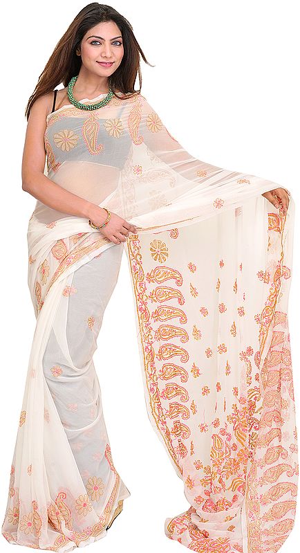 Egret-White Saree from Lucknow with Chikan Hand-Embroidered Paisleys by Hand
