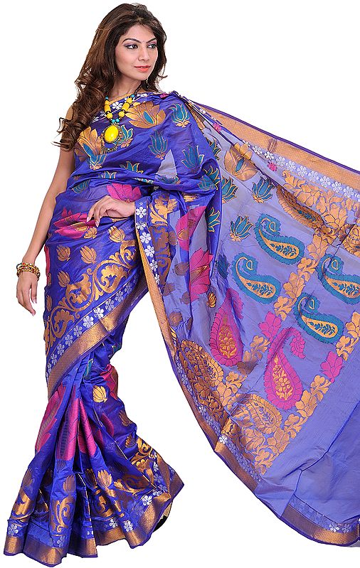 Dazzling-Blue Sari from Banaras with Hand-Woven Lotuses and Paisleys