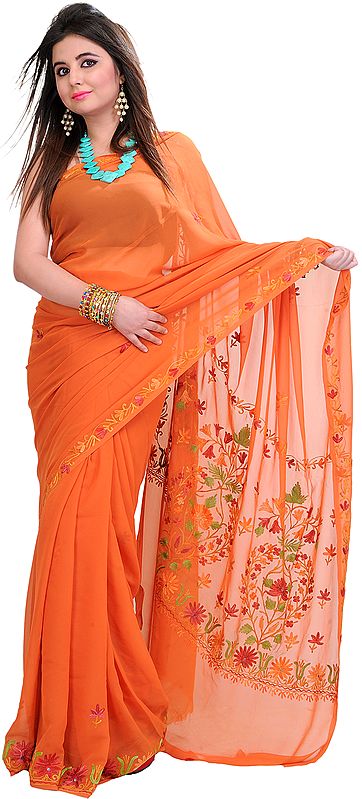 Mecca-Orange Sari from Kashmir with Aari-Embroidery