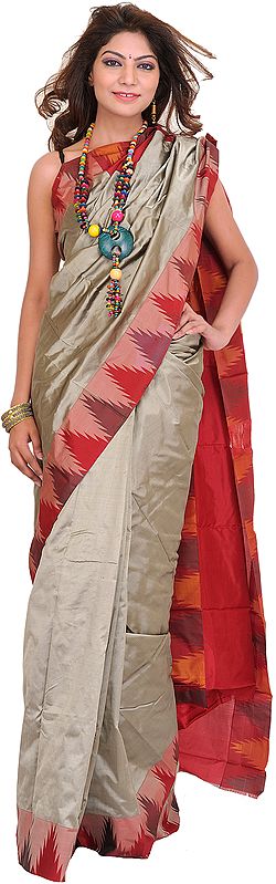 Aluminum-Colored Plain Sari from Karnataka with Woven Temple Border