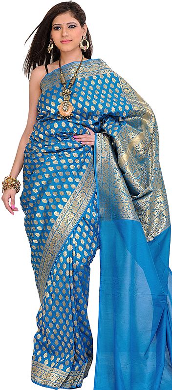 Vivid-Blue Traditional Banarasi Sari with Woven Bootis and Brocaded Aanchal