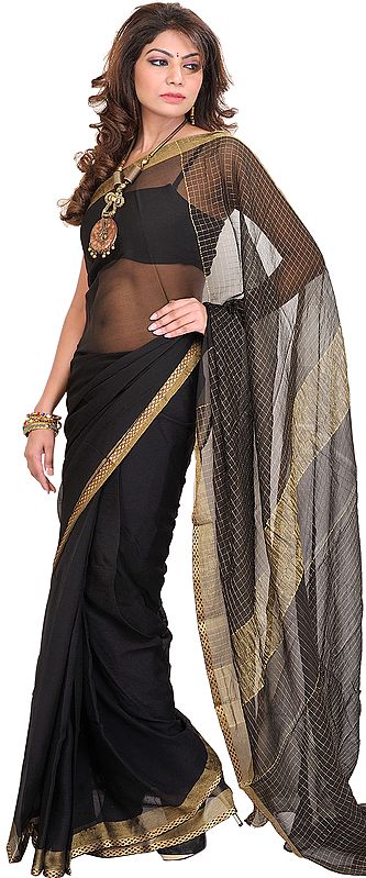 Jet-Black Plain Sari with Woven Border and Golden Thread Weave on Aanchal
