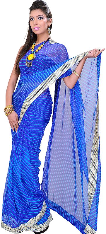 Dazzling-Blue Leharia Sari from Jodhpur with Gota Border