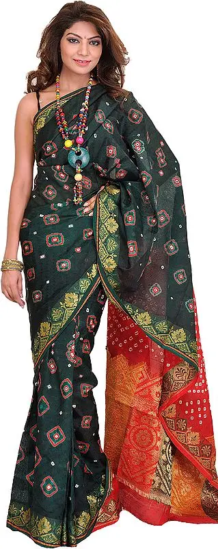 Dark Green and Red Bandhani Tie-Dye Sari from Rajasthan with Woven Aanchal
