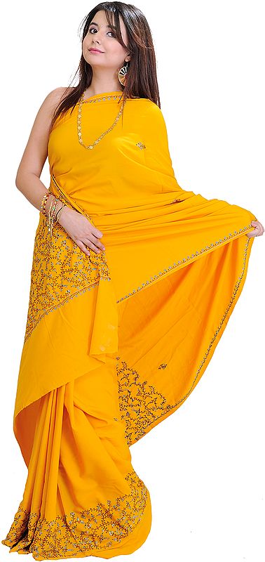 Saffron-Yellow Sari from Kashmir with Needle Embroidery by Hand