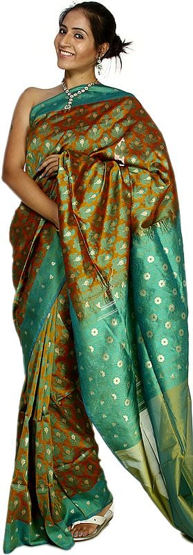 Harvest-Gold and Green Banarasi Sari with Woven Paisleys All-Over