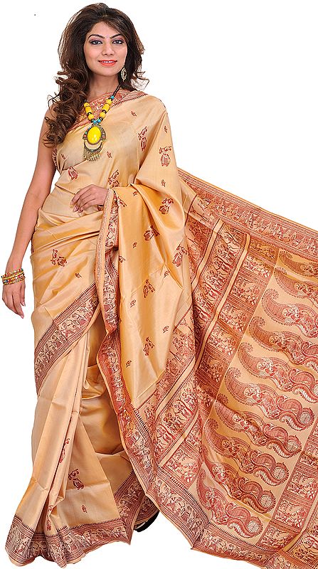 Marzipan-Colored Baluchari Sari from Kolkata Depicting Mythological Episodes from Ramayana