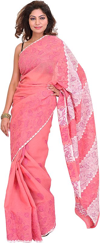 Confetti-Pink Sari from Lucknow with Chikan Embroidered Paisleys by Hand