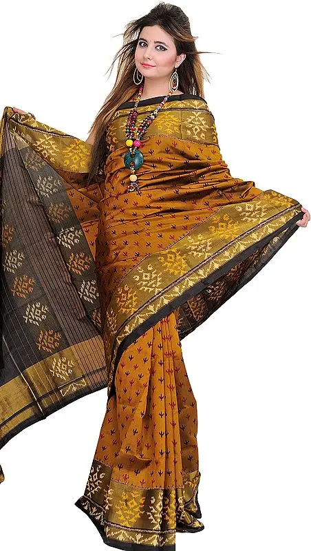 Golden-Brown Patan Patola Ikat Sari from Gujarat with Woven Bootis