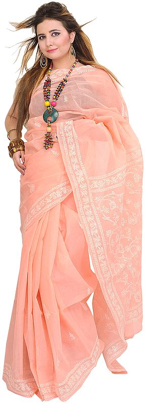 Peach-Bud Sari from Lucknow with Chikan Embroidery by Hand