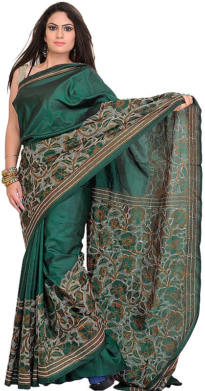 Posy-Green Sari from Kolkata with Kantha Embroidery by Hand