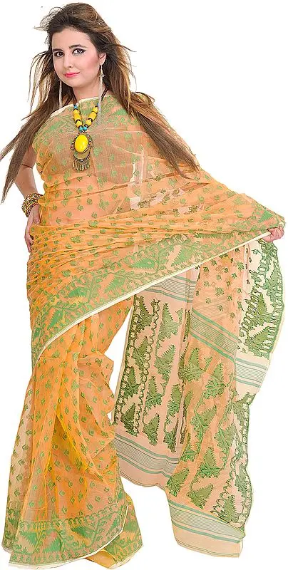 Buff-Orange Jamdani Sari from Bengal with Woven Bootis