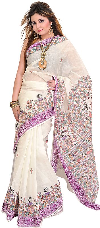 Vanilla-Ice Hand-Woven Sari from Bihar with Hand-Painted Madhubani Folk Motifs