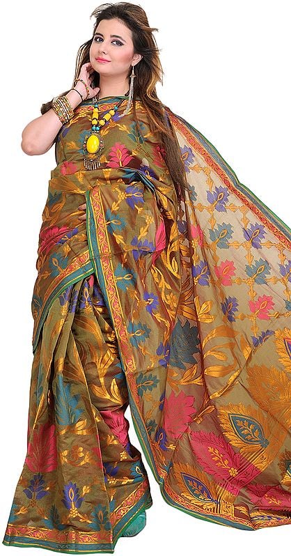 Olive-Green Banarasi Sari with Large Woven Flowers and Zari Weave