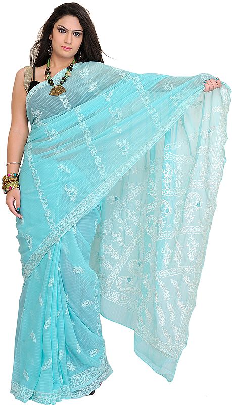 Aqua-Sky Sari from Lucknow with Woven Stripes and Chikan Embroidery by Hand