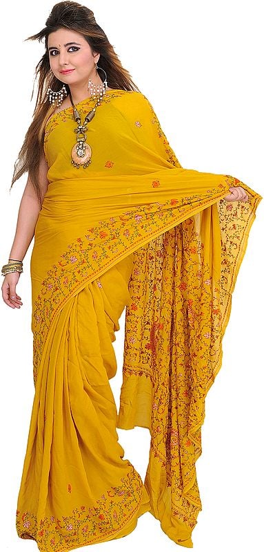 Lemon-Curry Ultralight Sari from Kashmir with Sozni Embroidery by Hand