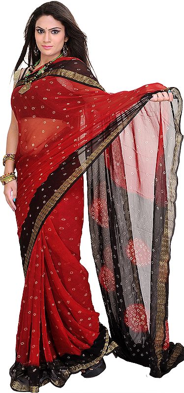 Maroon and Black Bandhani Tie-Dye Sari from Gujarat with Woven Border