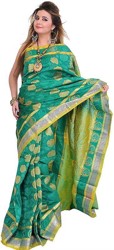 Pine-Green Sari from Bangalore with Woven Flowers and Brocaded Aanchal