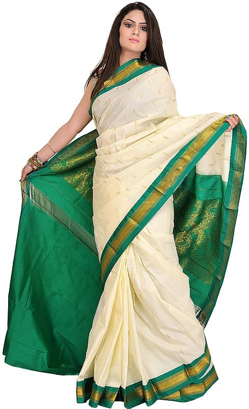 Ivory and Green Sari from Bangalore with Woven Bootis and Paisleys on Aanchal