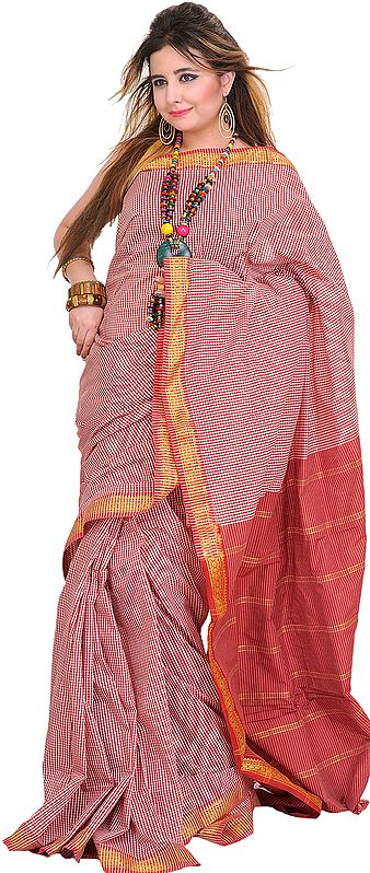 Red and White South-Cotton Sari with Woven Checks All-Over