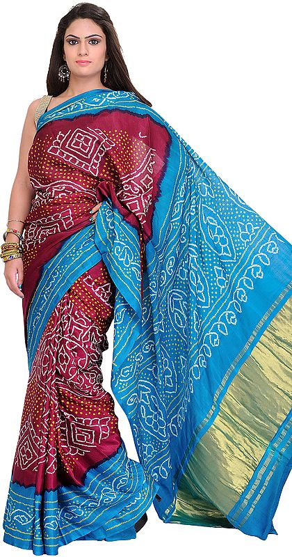 Beet-Red and Blue Bandhani Tie-Dye Sari from Gujarat with Zari Weave on Aanchal