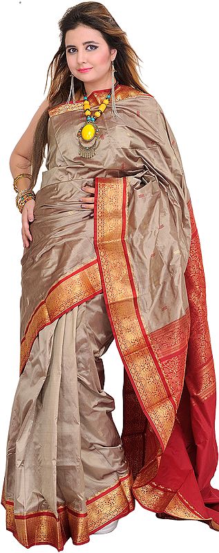 Timber-Wolf Sari from Bangalore with Woven Bootis and Brocaded Aanchal